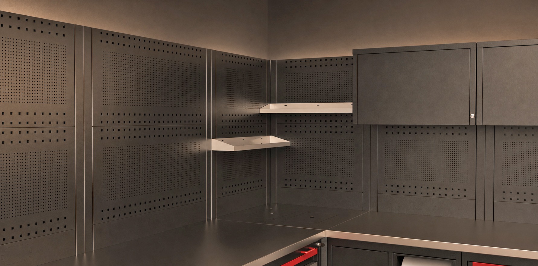 Exorya shelves mounted on angular composition